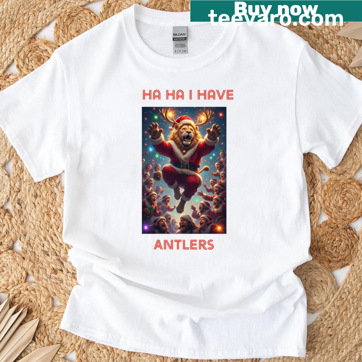 Santa excited with antlers design on a T-shirt — on a men's t-shirt