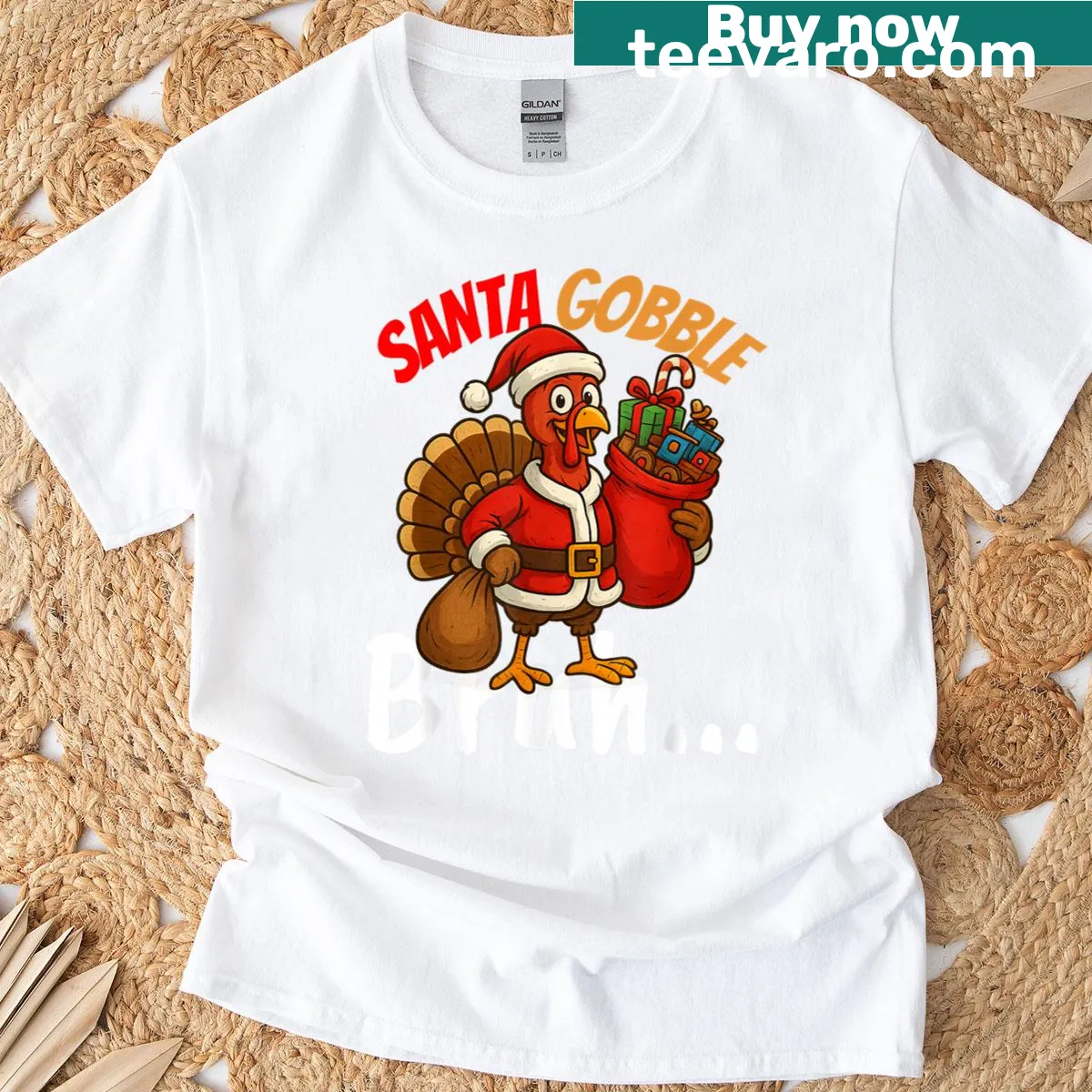 Santa gobbling turkey graphic on a humorous t-shirt — on a men's t-shirt