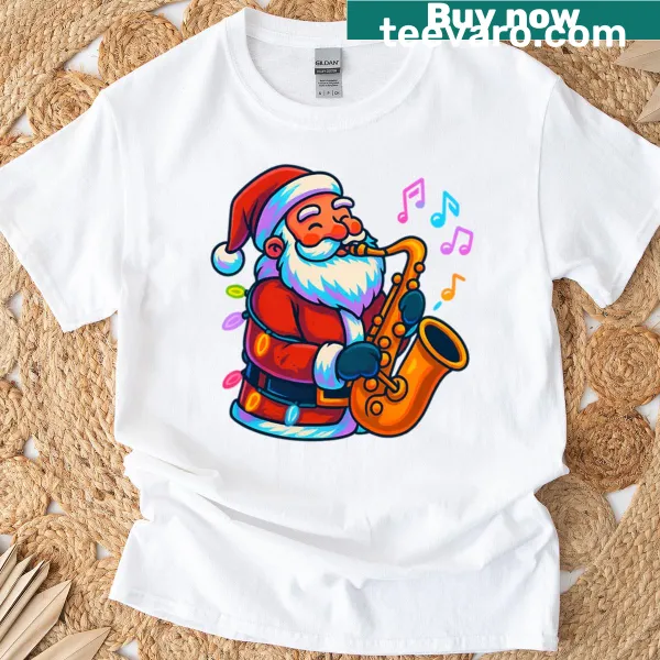 Santa playing saxophone in a fun jazz design