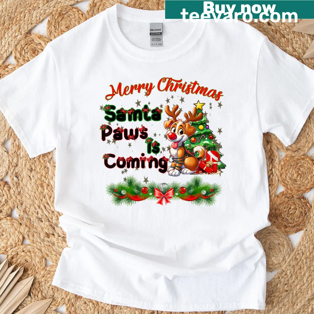 Funny Christmas t-shirt with Santa Paws Is Coming phrase — on a men's t-shirt