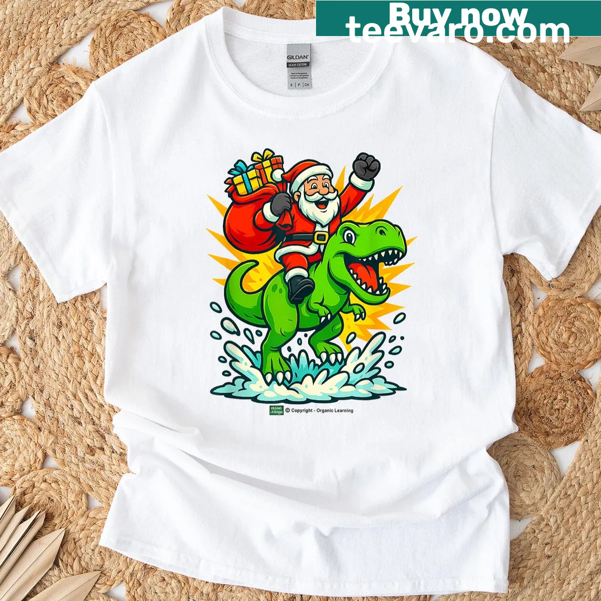 Santa riding a T-rex dinosaur in a Christmas design on a T-shirt — on a men's t-shirt