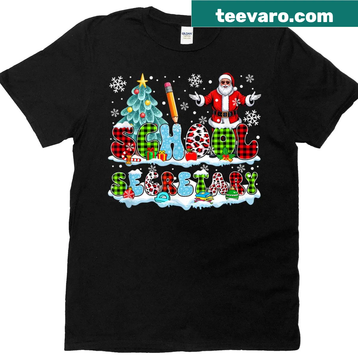 Festive school secretary t-shirt with Santa and leopard patterns — on a men's t-shirt
