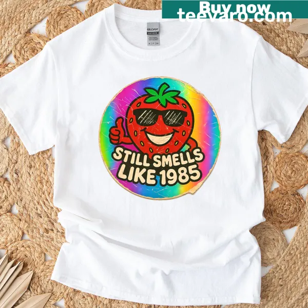 Retro 80s T-shirt with a strawberry graphic and scratch-and-sniff theme