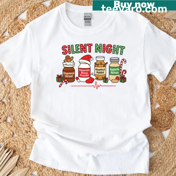 Silent Night Nurse graphic on a Christmas crewneck t-shirt