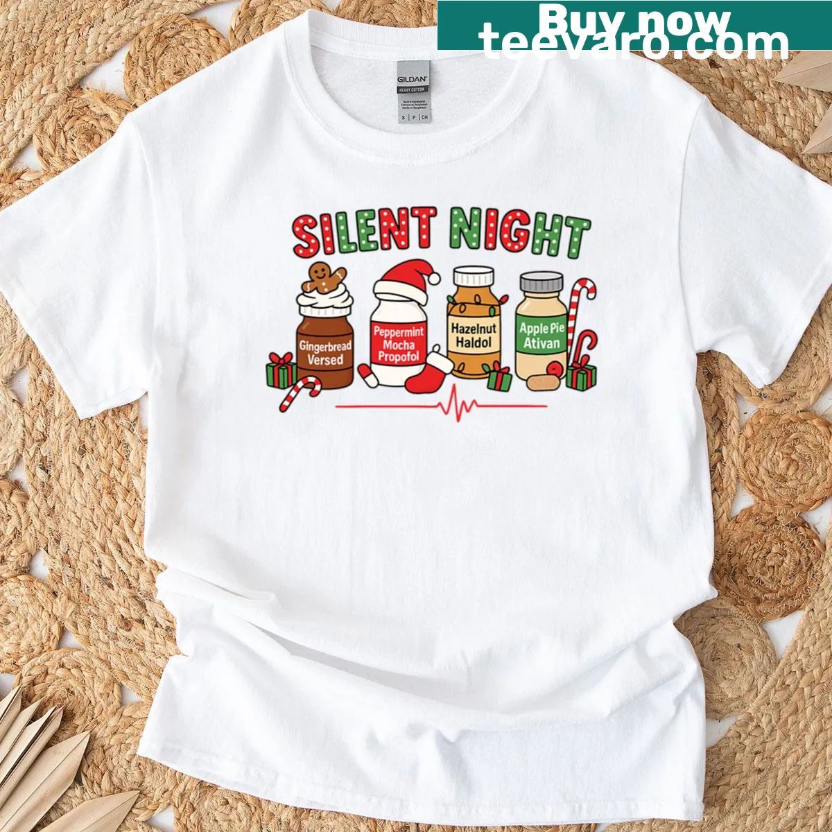 Silent Night Nurse graphic on a Christmas crewneck t-shirt — on a men's t-shirt