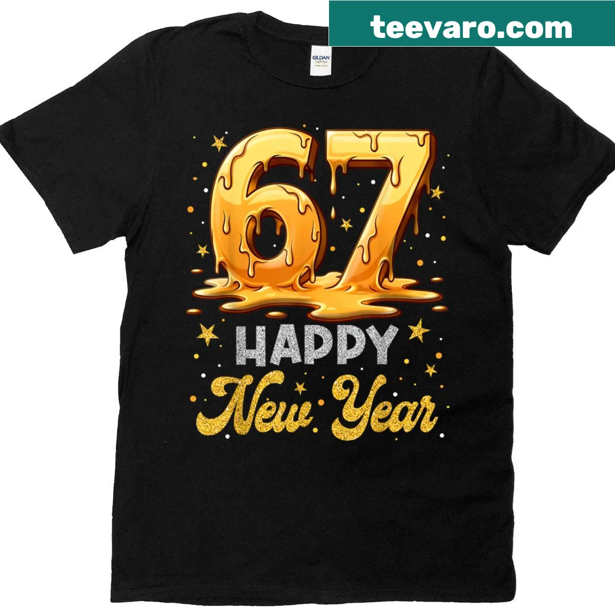 Funny New Year meme T-shirt with 'Six Seven 6 7' text — on a men's t-shirt