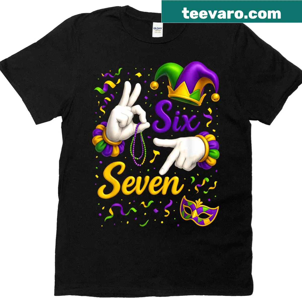 Mardi Gras t-shirt with jester hand sign and humorous text. — on a men's t-shirt