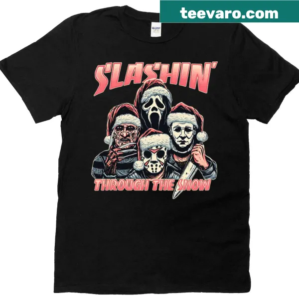 Horror-themed Christmas T-shirt with slashing text