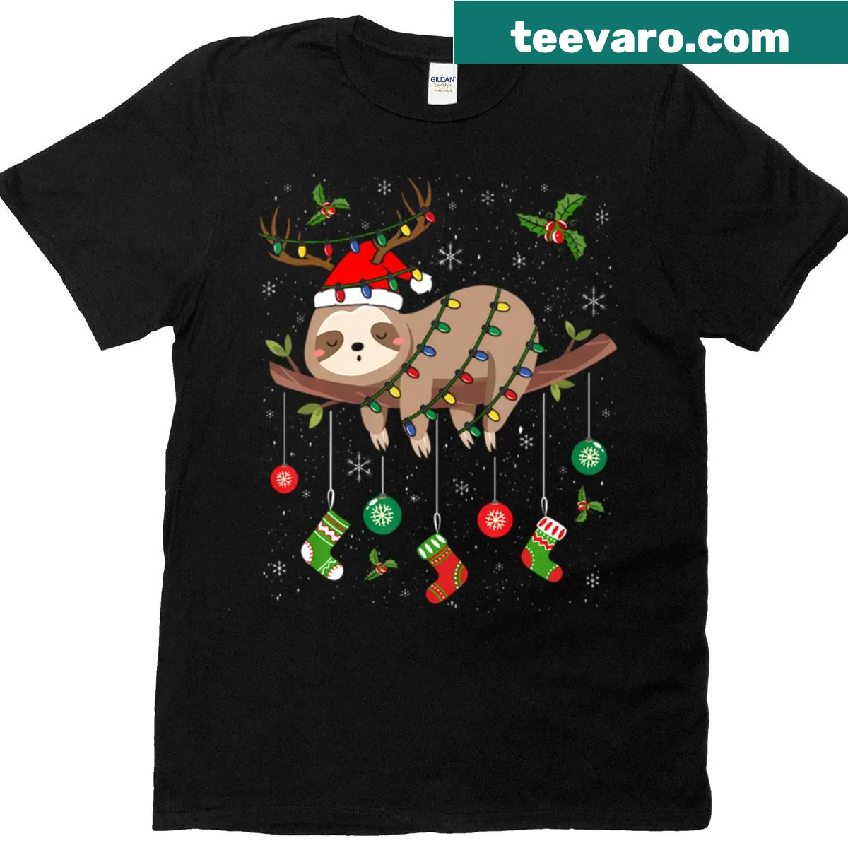 Cute sloth Christmas T-shirt with Santa hat and holiday lights — on a men's t-shirt
