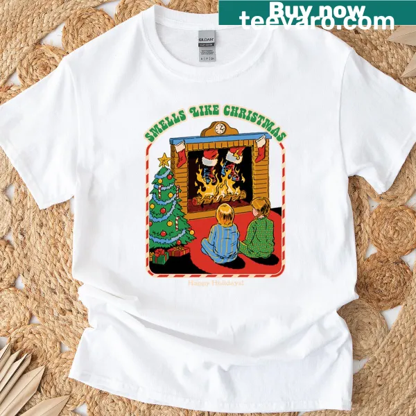 T-shirt with 'Smells Like Christmas' text and holiday-themed illustrations