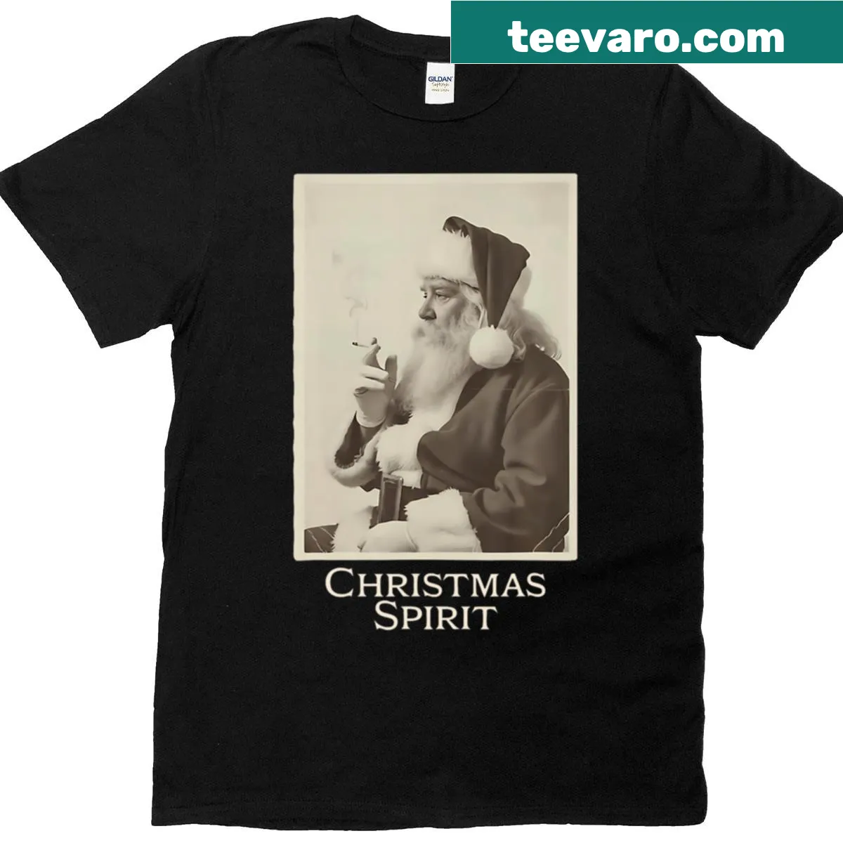 Funny Santa Claus T-shirt with playful smoking illustration — on a men's t-shirt