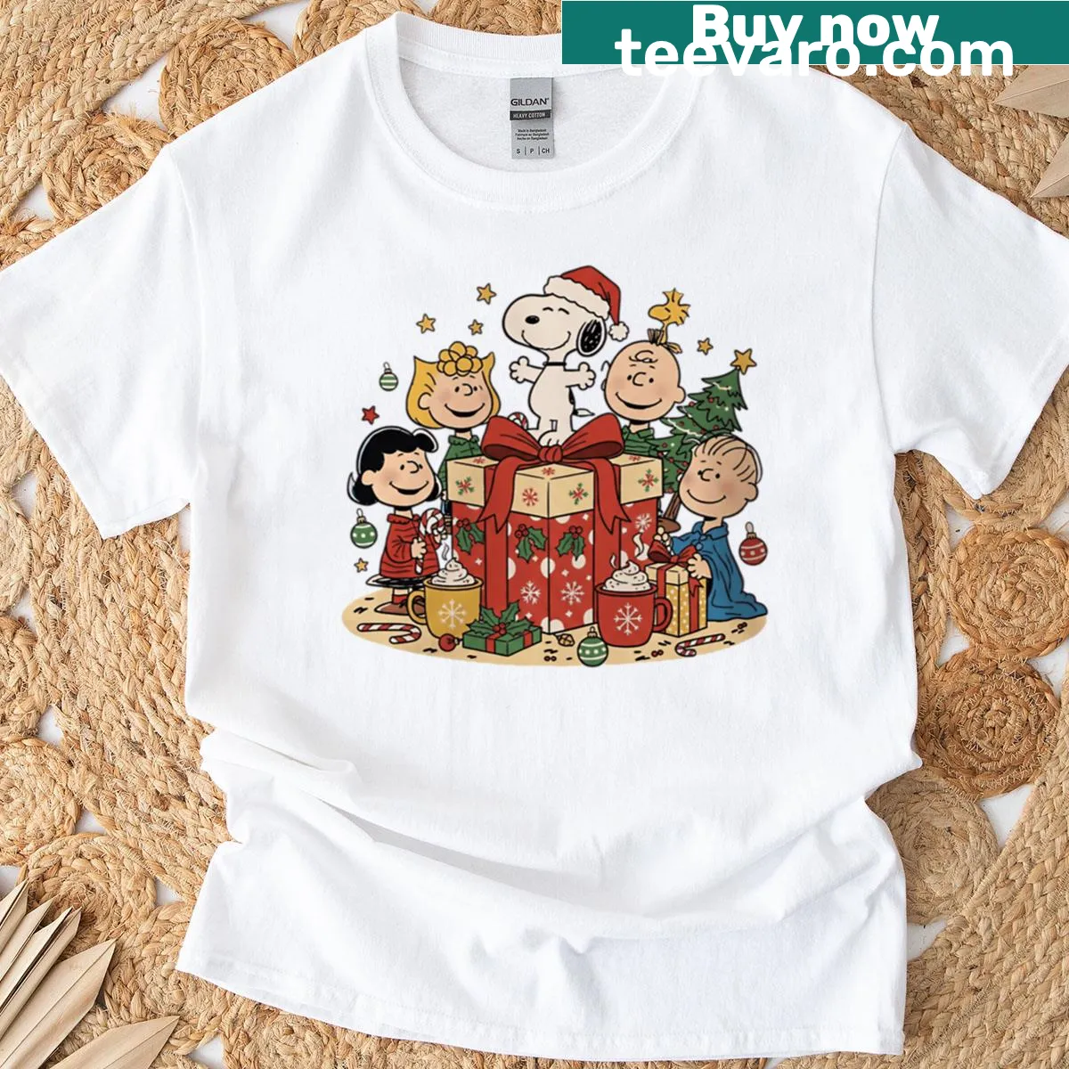 Snoopy Peanuts Christmas graphic on a festive t-shirt — on a men's t-shirt