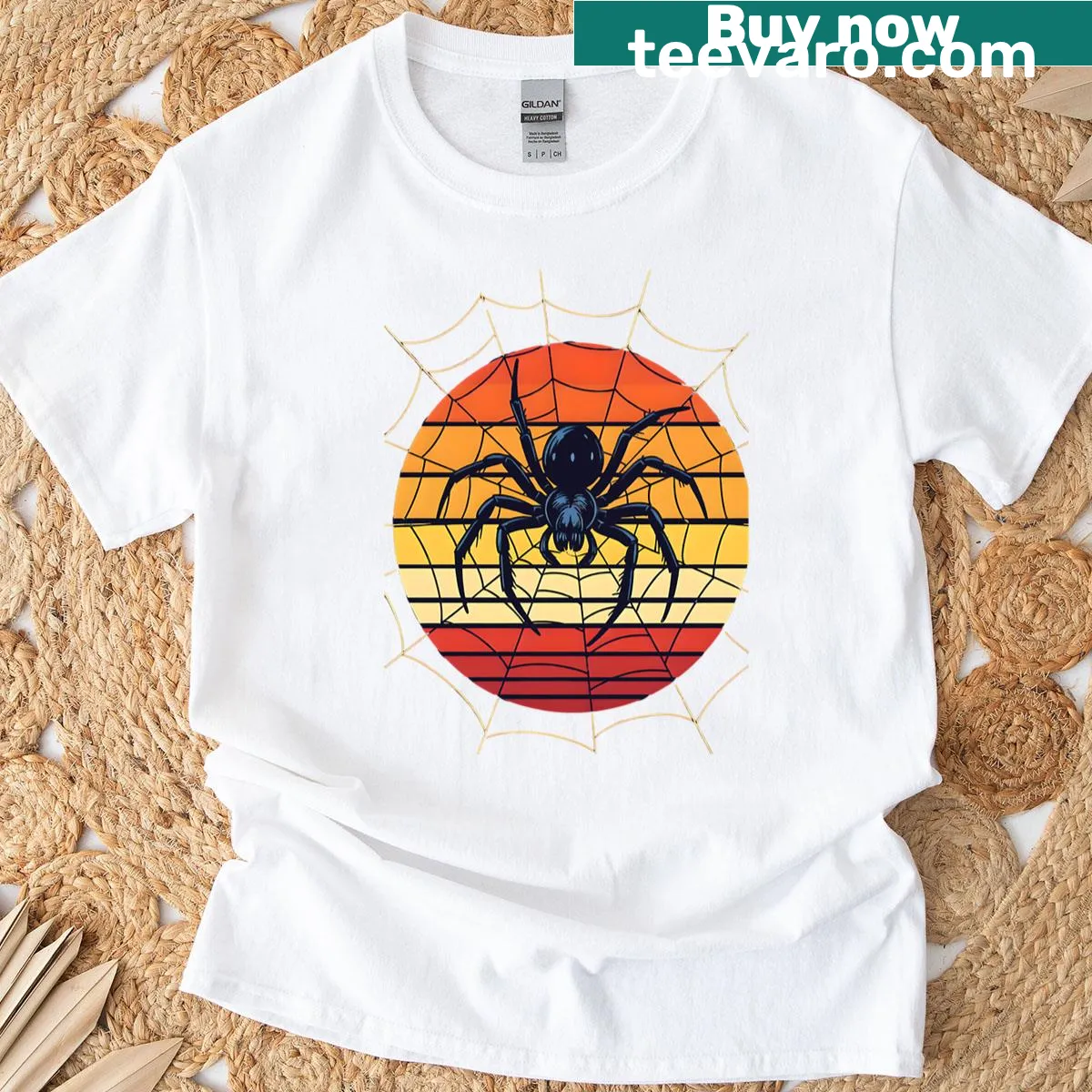 Retro sunset with a spider web design t-shirt — on a men's t-shirt