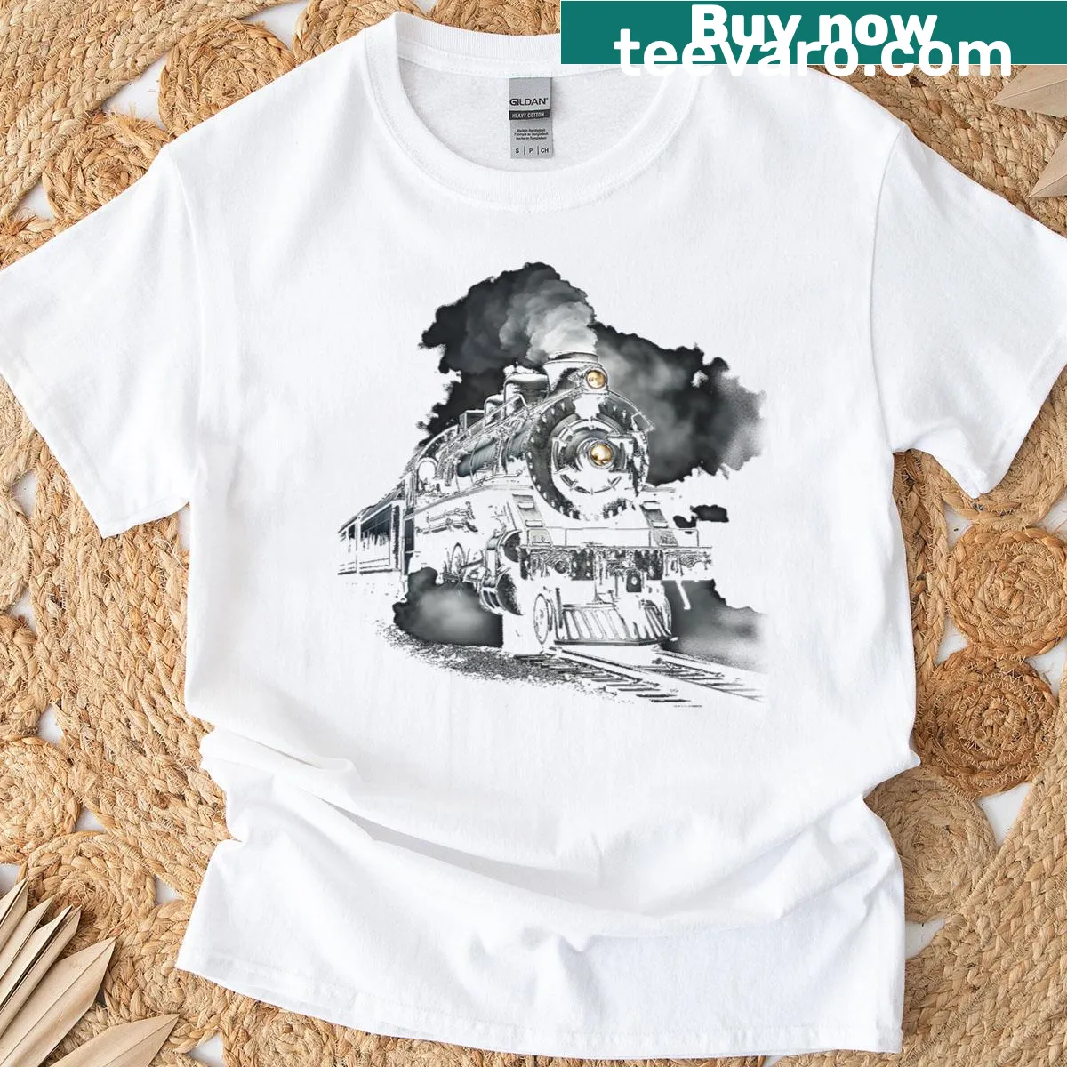 Vintage style T-shirt featuring a steam engine train design — on a men's t-shirt