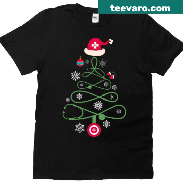 Nurse scrub top with stethoscope designed as a Christmas tree