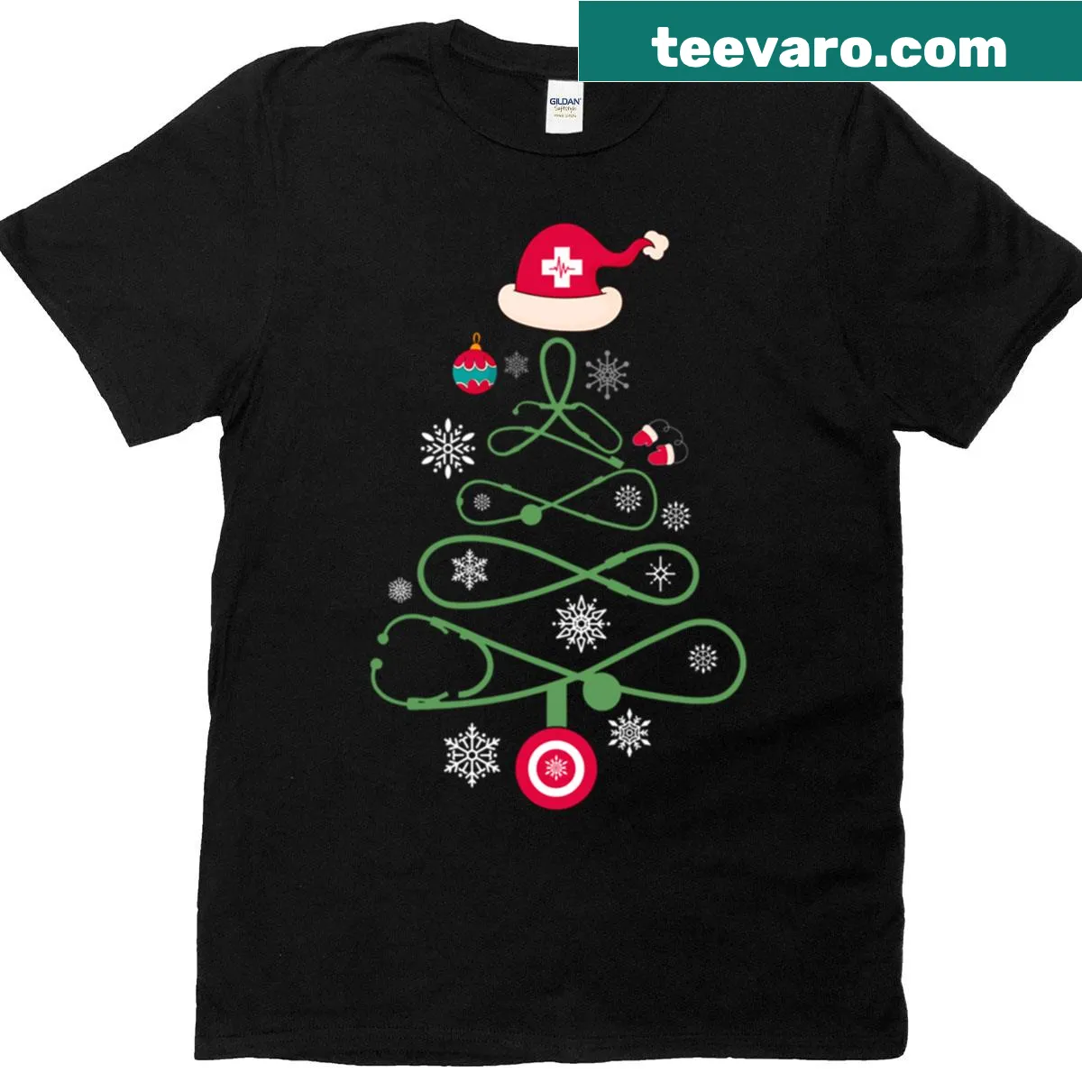 Nurse scrub top with stethoscope designed as a Christmas tree — on a men's t-shirt