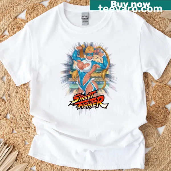 Illustrated R Mika character from Street Fighter on T-shirt