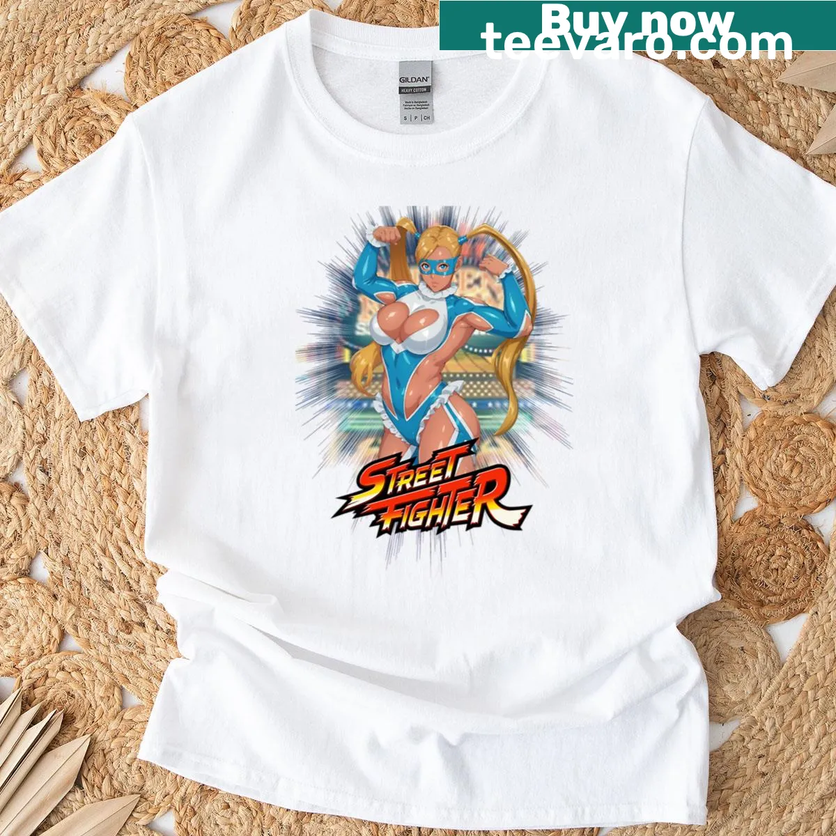 Illustrated R Mika character from Street Fighter on T-shirt — on a men's t-shirt