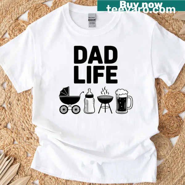 Illustration of a stroller, beer bottle, and grill on a dad-themed t-shirt.