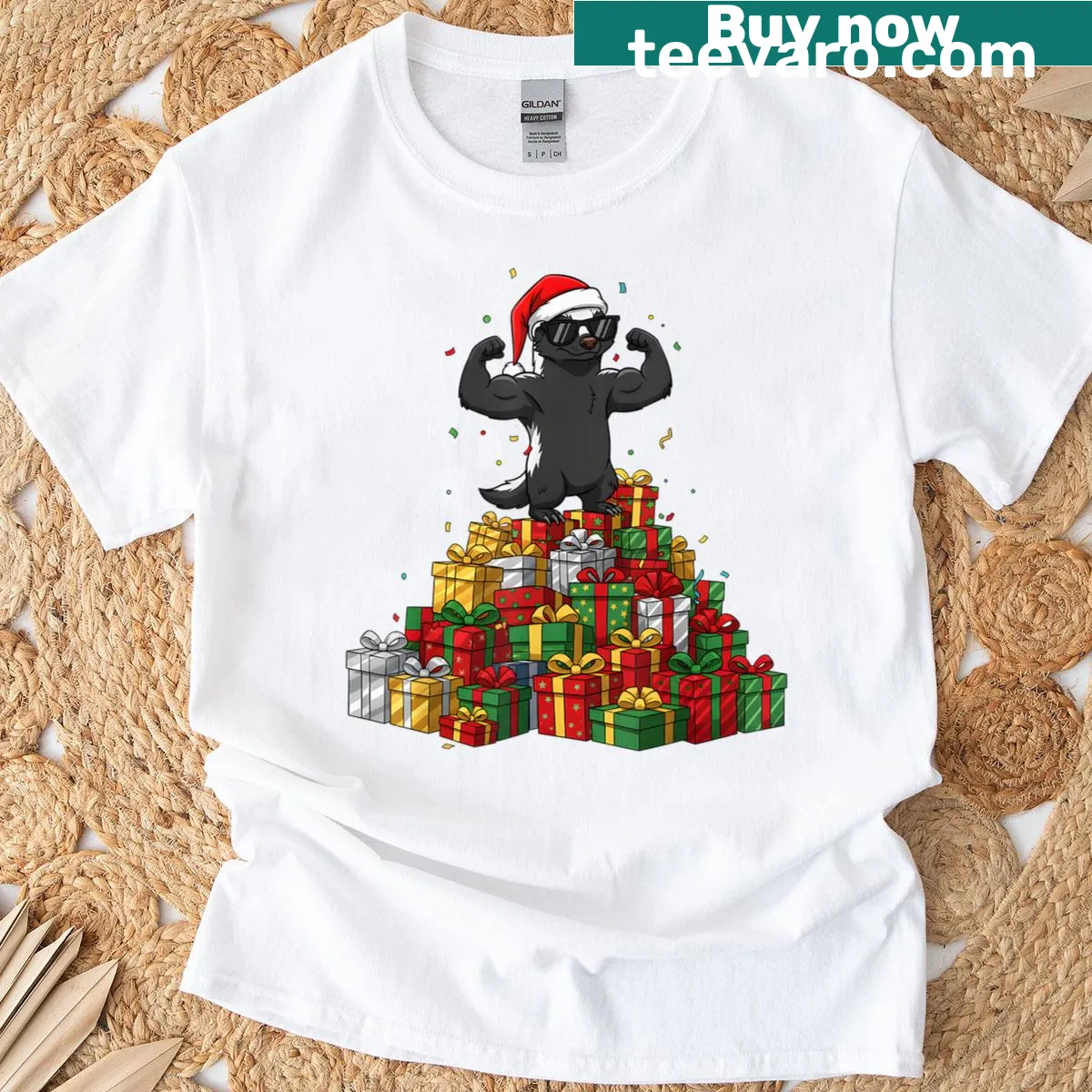 Cartoon honey badger with Christmas presents on a festive t-shirt. — on a men's t-shirt