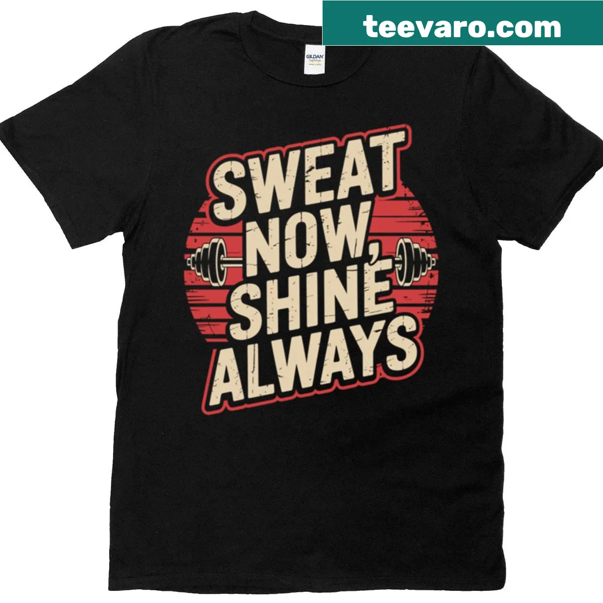 Retro T-shirt with 'Sweat Now Shine Always' and sunset badge — on a men's t-shirt