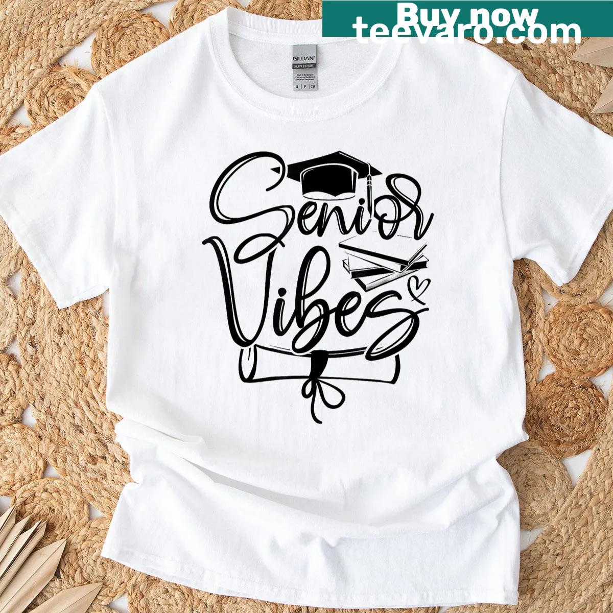 Graduation t-shirt with 'That Says Senior Vibes' text — on a men's t-shirt