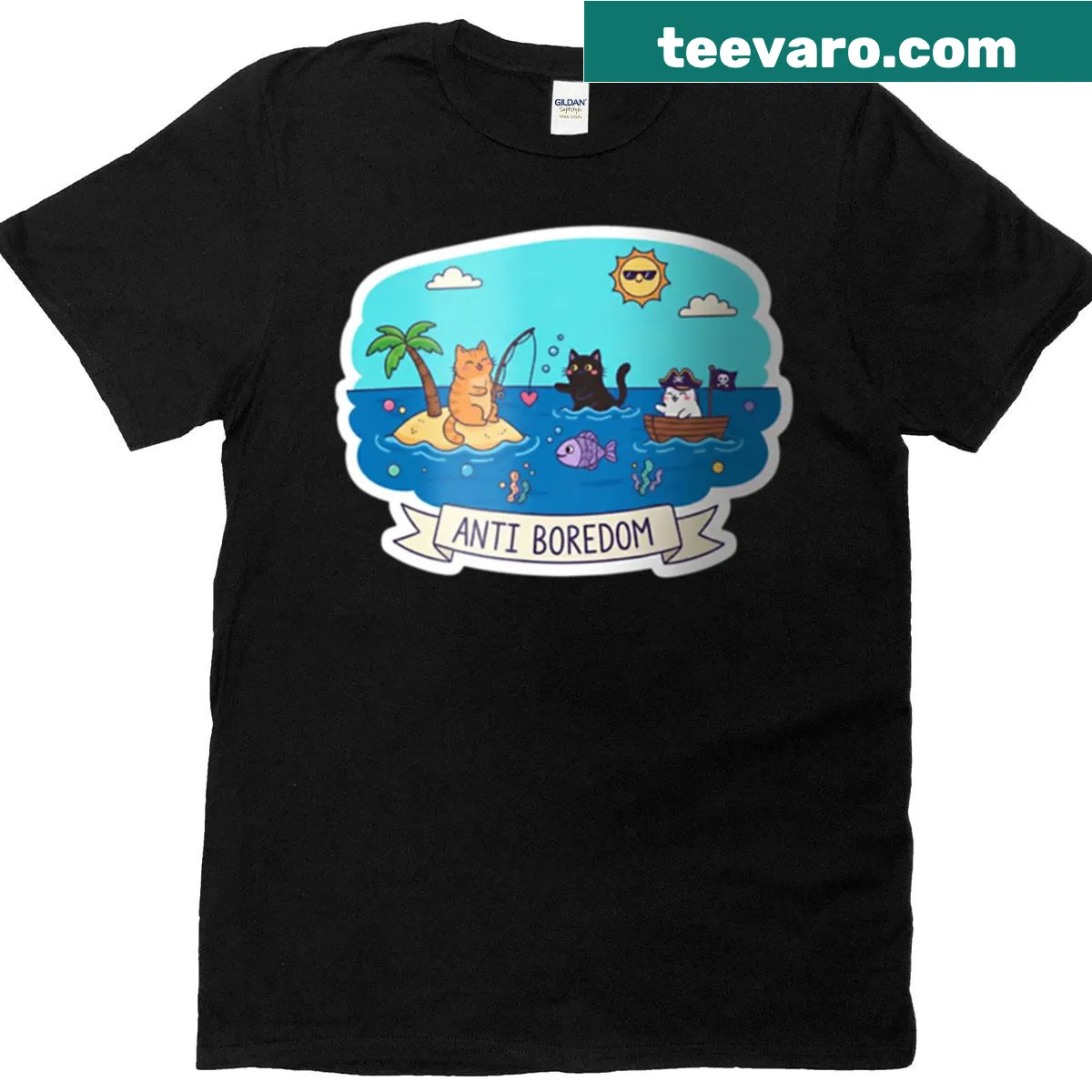 Illustration of a kitten fishing in a lake on a t-shirt. — on a men's t-shirt