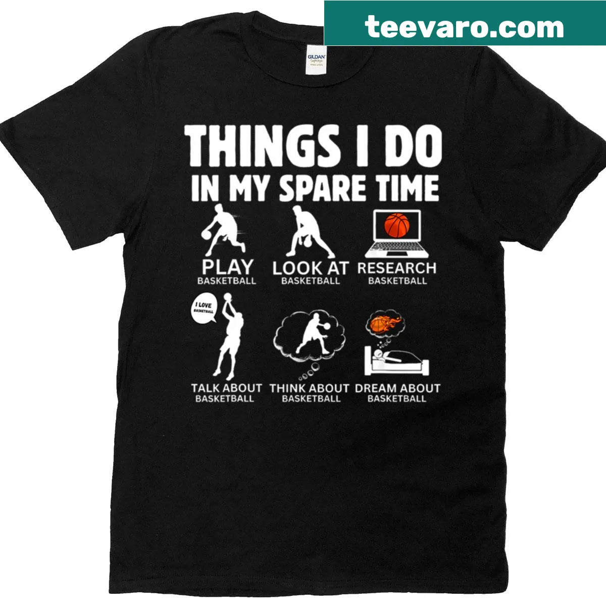 Funny T-shirt listing spare time activities for basketball lovers — on a men's t-shirt