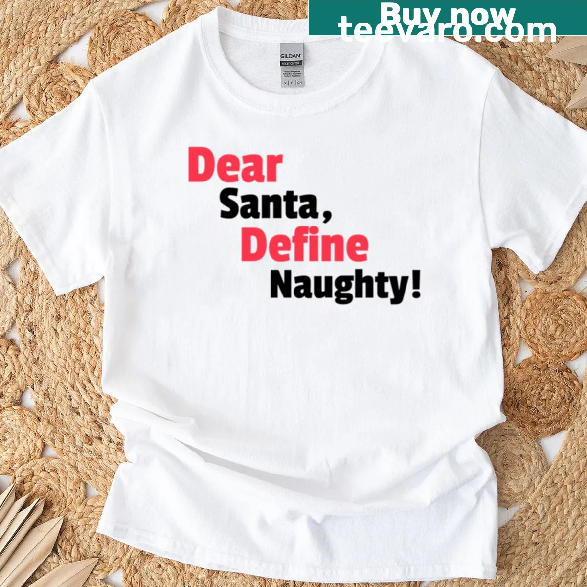 Whimsical holiday t-shirt with 'Dear Santa, Define Naughty' text — on a men's t-shirt