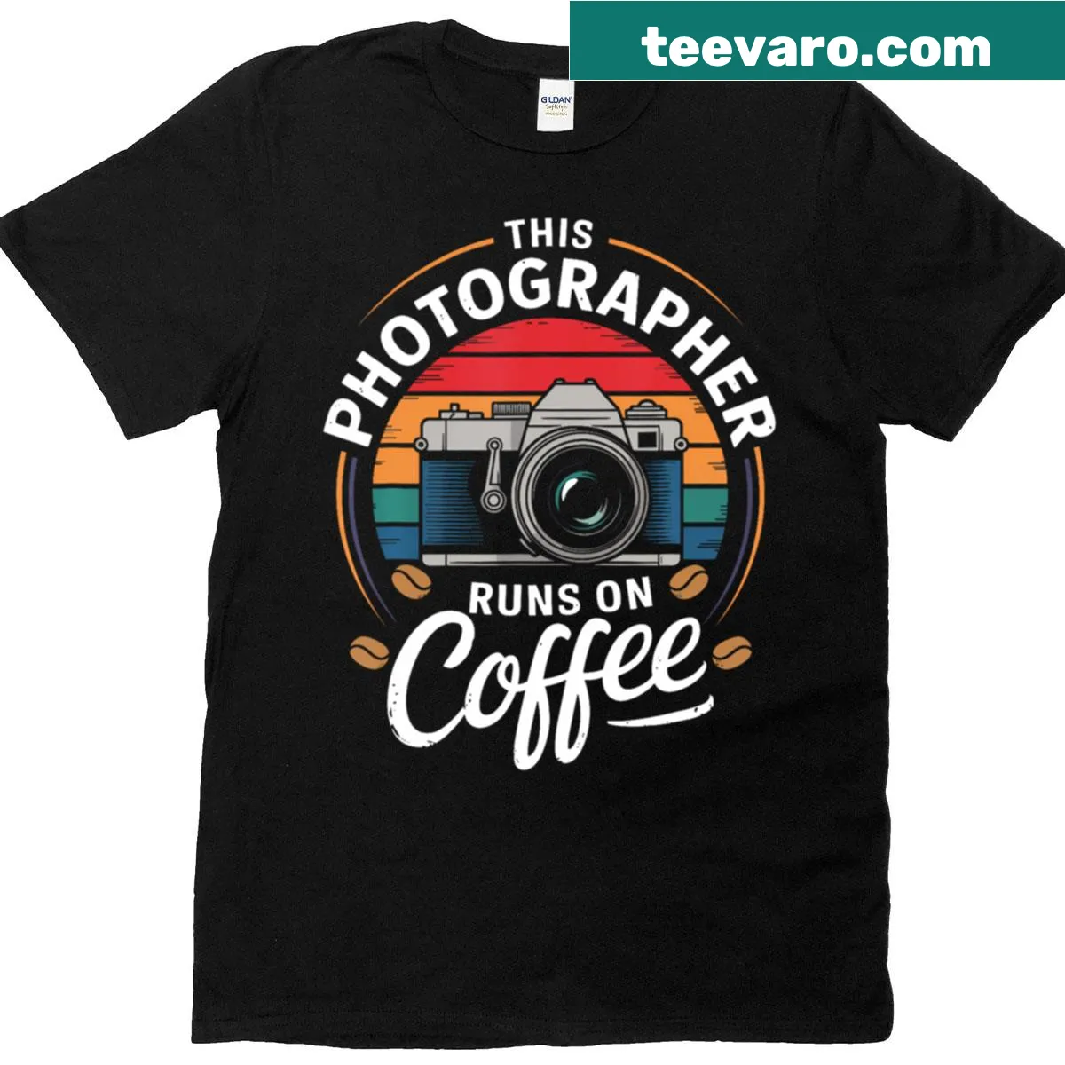 Funny photographer t-shirt featuring camera and coffee cup graphic — on a men's t-shirt