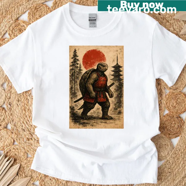 Ukiyo-e style tortoise samurai graphic on a T-shirt