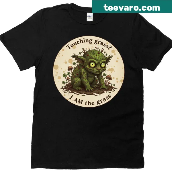 Fantasy-themed T-shirt with goblin illustration and phrase 'I Am The Grass'