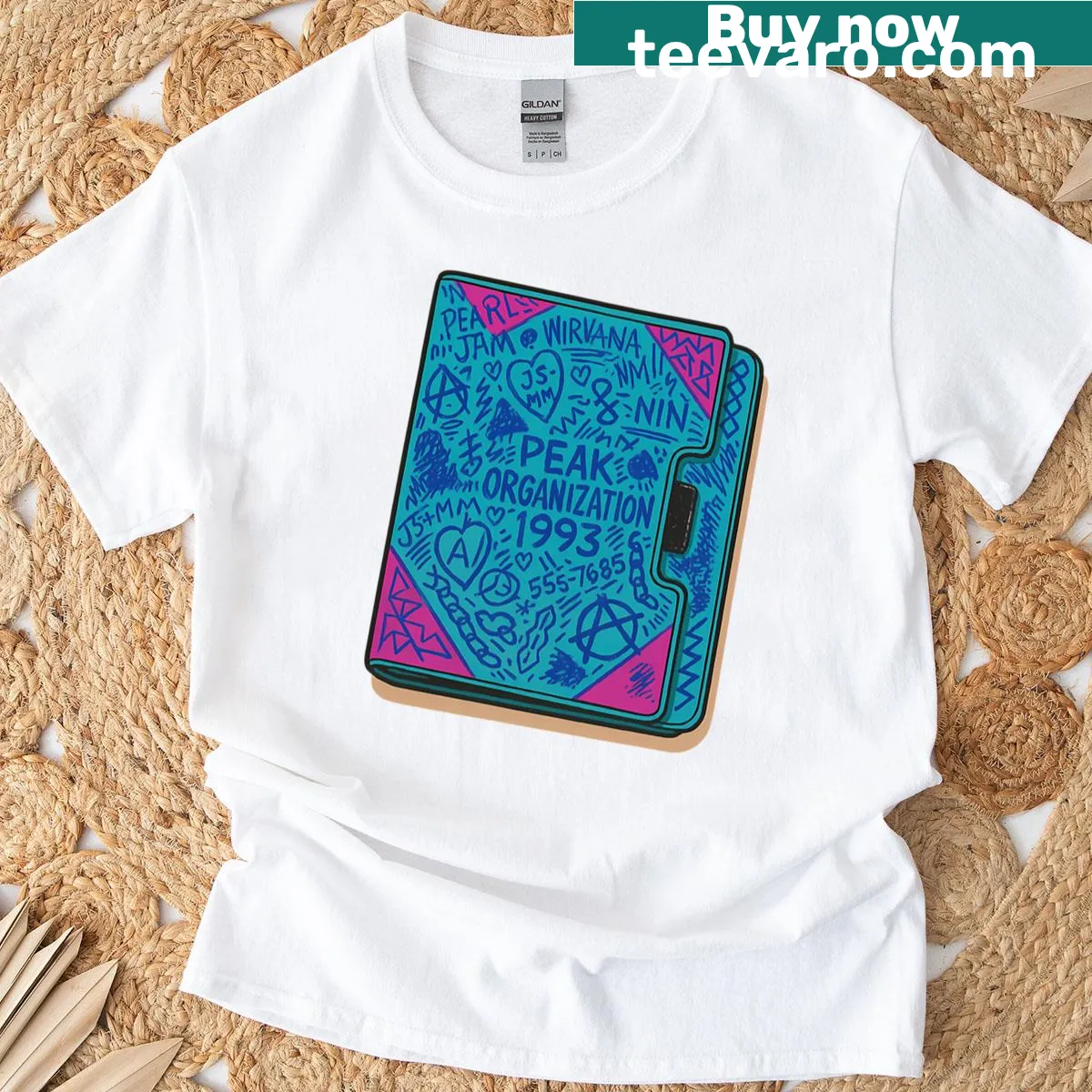 Nostalgic T-shirt featuring Trapper Keeper doodles and school supplies — on a men's t-shirt