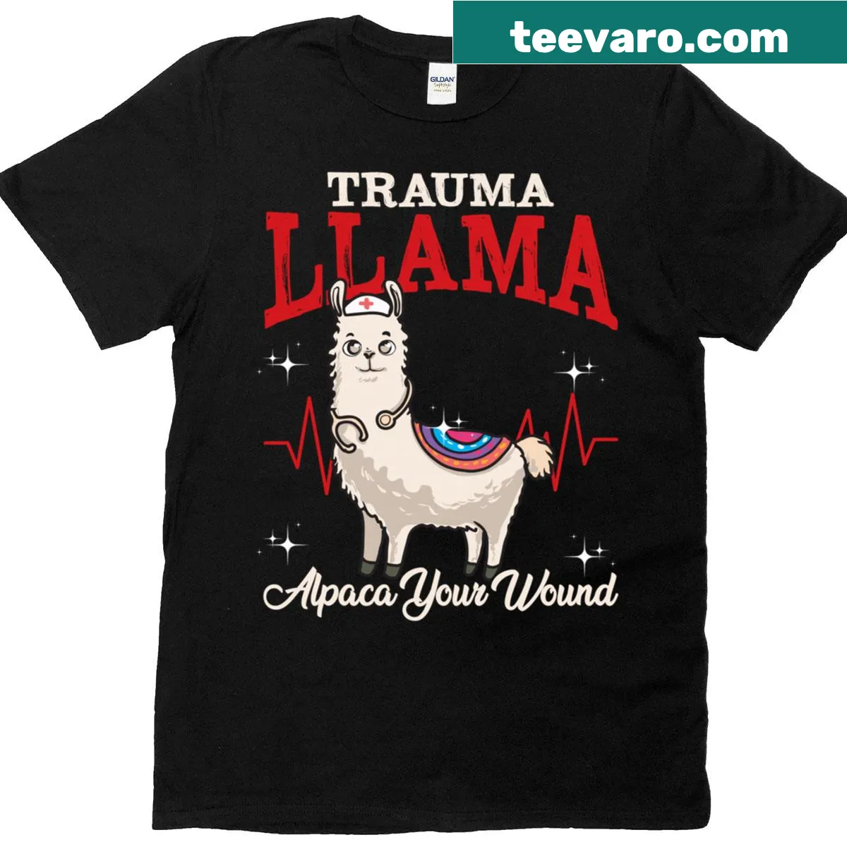 Funny medical t-shirt with llama and healthcare design — on a men's t-shirt
