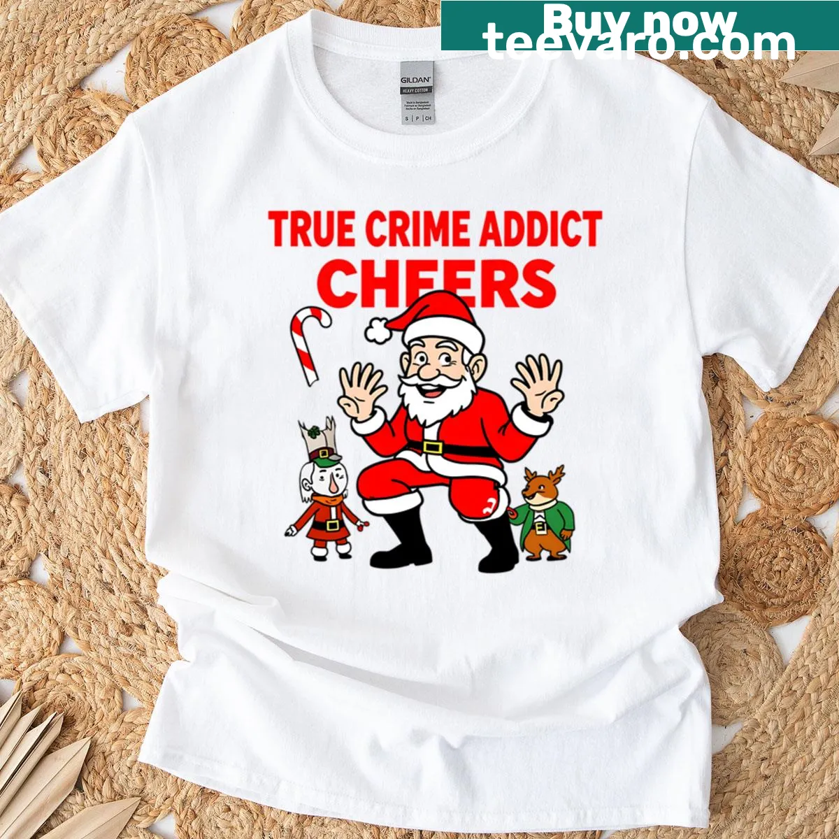 Funny Christmas tee with cartoon art for true crime fans — on a men's t-shirt
