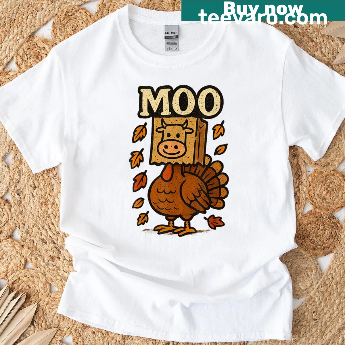 Funny cow head Thanksgiving graphic on T-shirt — on a men's t-shirt