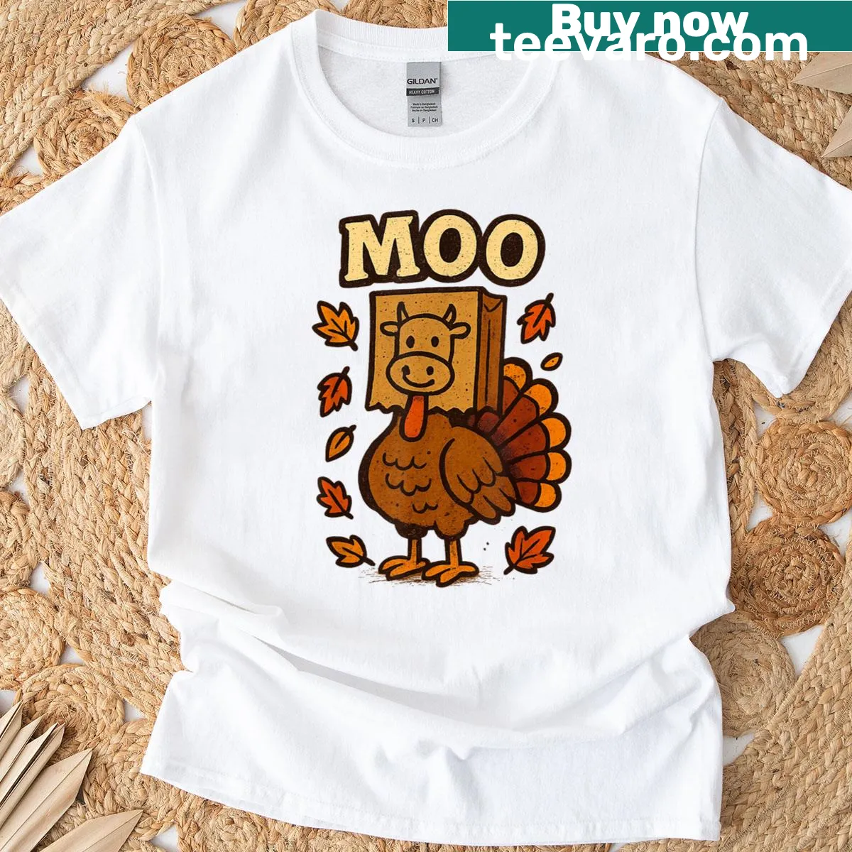 Funny Turkey Moo Cow graphic on T-shirt — on a men's t-shirt
