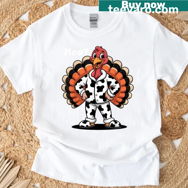 Funny Thanksgiving t-shirt with cartoon turkey and 'Turkey Moo' text