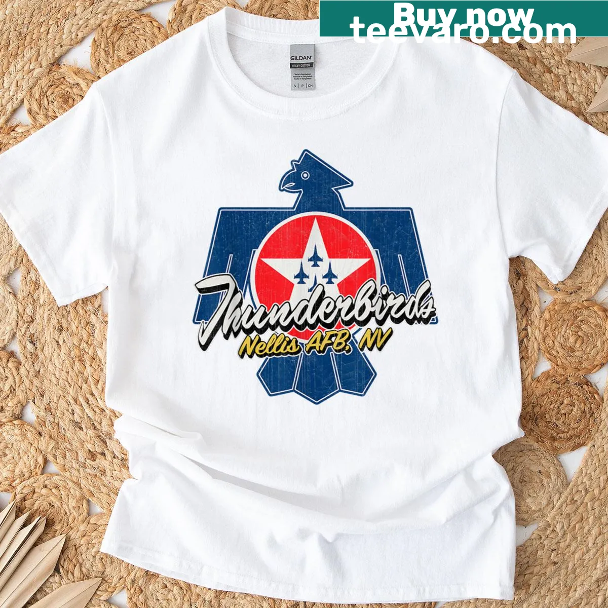 Vintage-style T-shirt featuring USAF Thunderbirds F16 design — on a men's t-shirt