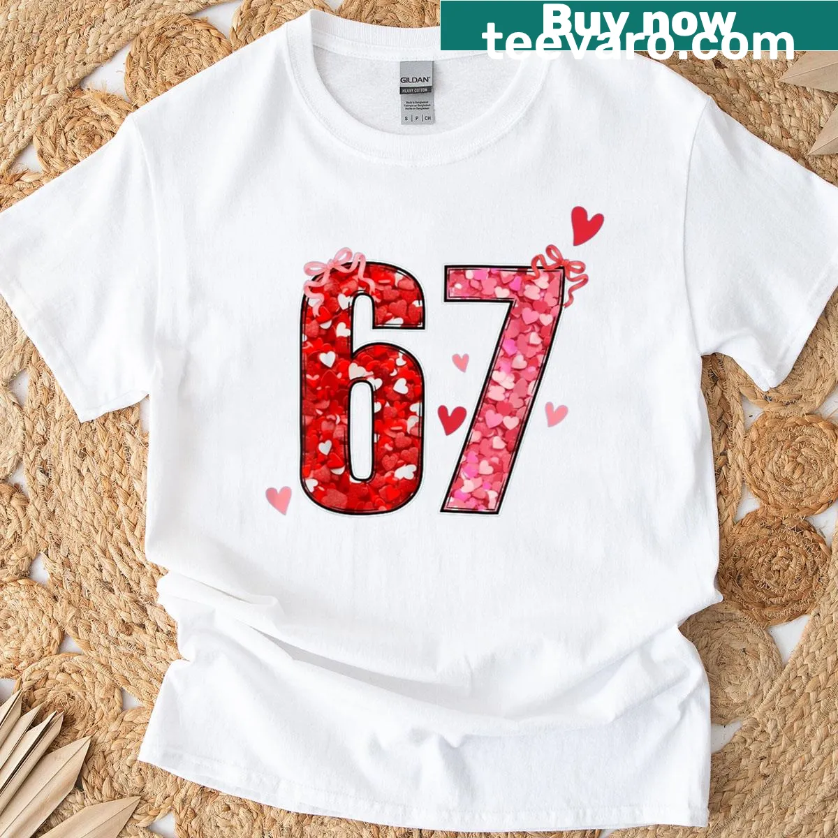 Funny Valentine t-shirt with typography of viral meme '67 Six Seven' — on a men's t-shirt
