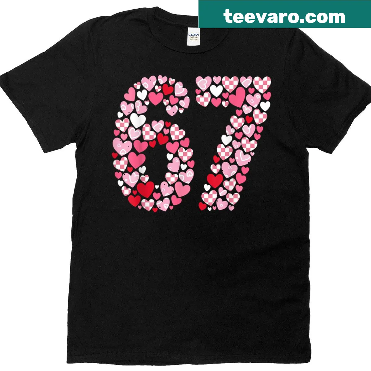 Funny Valentine's Day t-shirt with hearts and '6 Equals 7' text — on a men's t-shirt