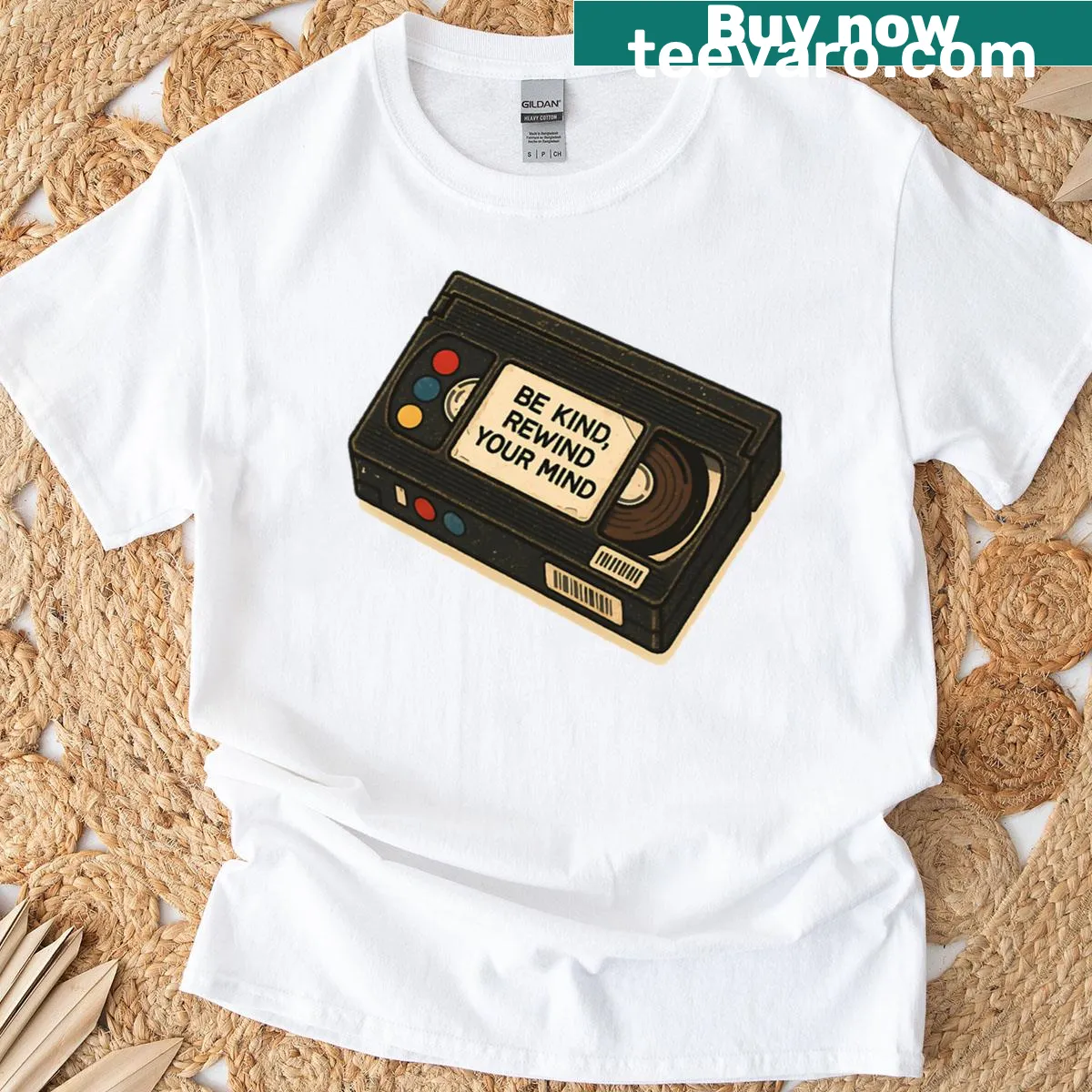 Nostalgic VHS tape graphic with mindfulness text on a T-shirt — on a men's t-shirt