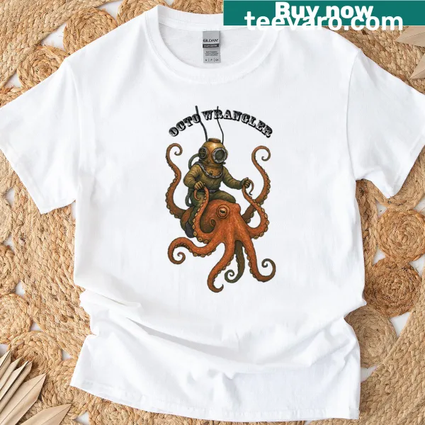 Vintage diver steering a giant octopus graphic on a t-shirt