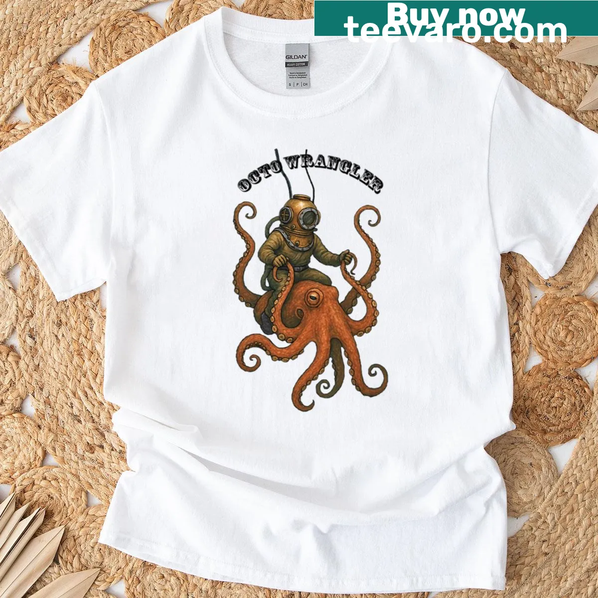 Vintage diver steering a giant octopus graphic on a t-shirt — on a men's t-shirt