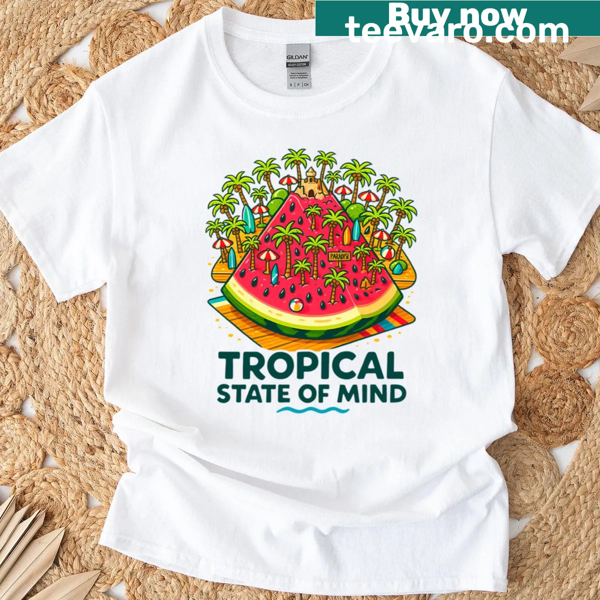Illustrated tropical beach scene with palm trees and watermelon — on a men's t-shirt
