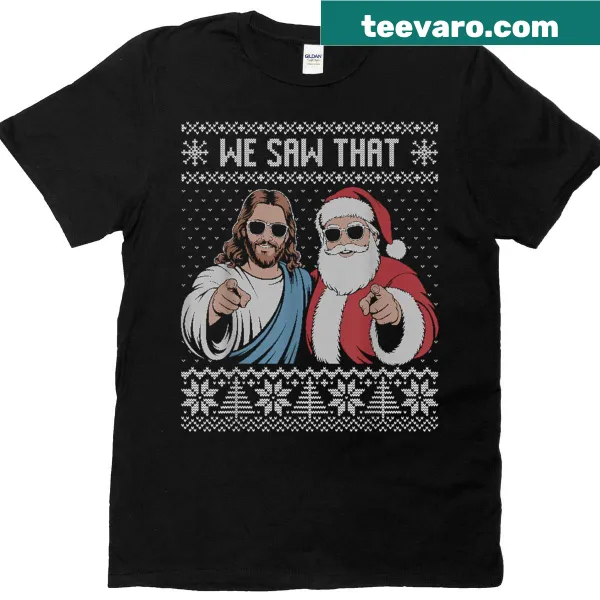 Funny Christmas t-shirt featuring Jesus and Santa in an ugly sweater style
