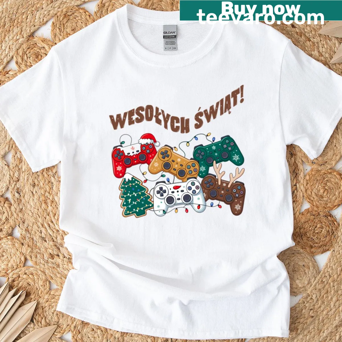 Festive game controller graphic T-shirt with Polish text — on a men's t-shirt