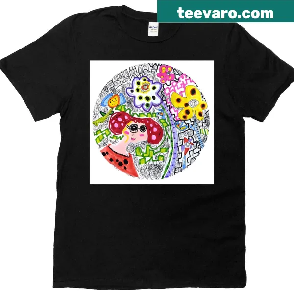 Whimsical flower garden illustration on a casual t-shirt
