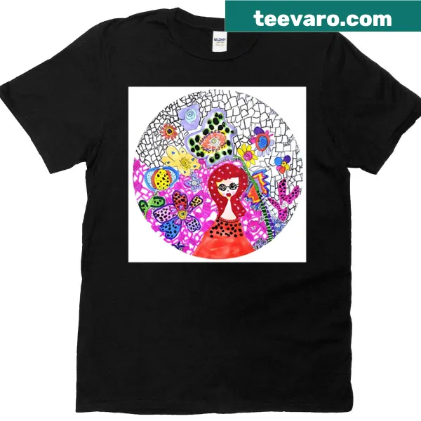 Illustration of a whimsical girl in a floral wonderland on a T-shirt
