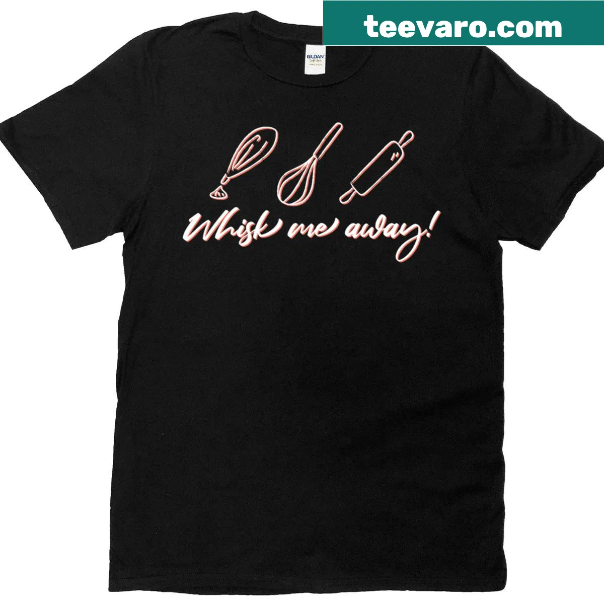 Cute graphic of a whisk and bread on a bakery-themed t-shirt — on a men's t-shirt